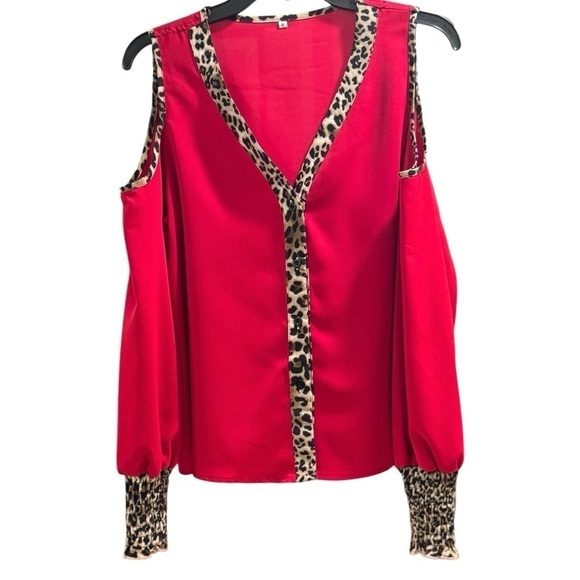 Leopard Trim Cold Shoulder Blouse Women's Size Medium - Picture 4 of 6